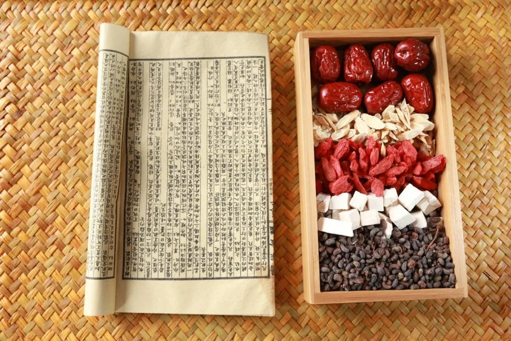Dried flowers and berries in a woven basket at the dispensary